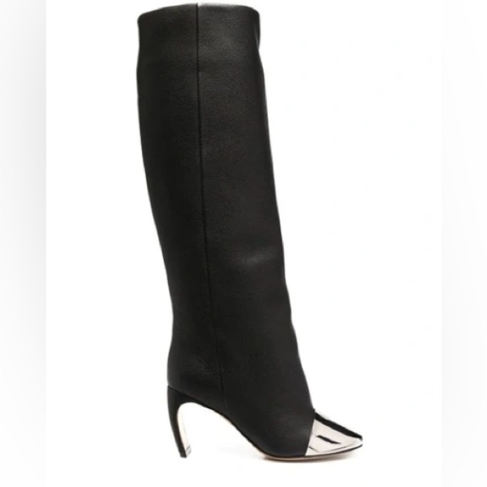 LANVIN Banana Heel Metal Cap Toe Large Boots In Black Leather Heeled Boots